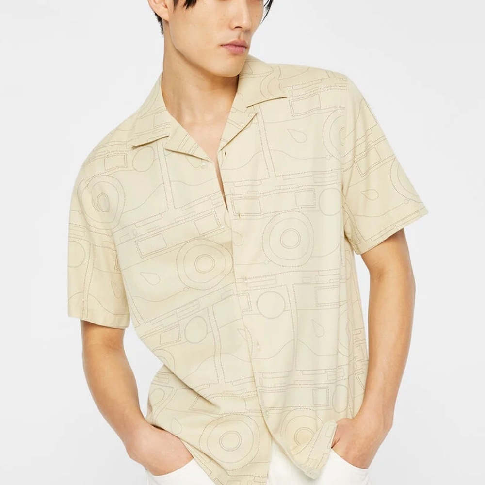 LONG SLEEVE Camp Collar Geo Prnt Linen Shirt- Brand New-NEVER WORN-Antique White